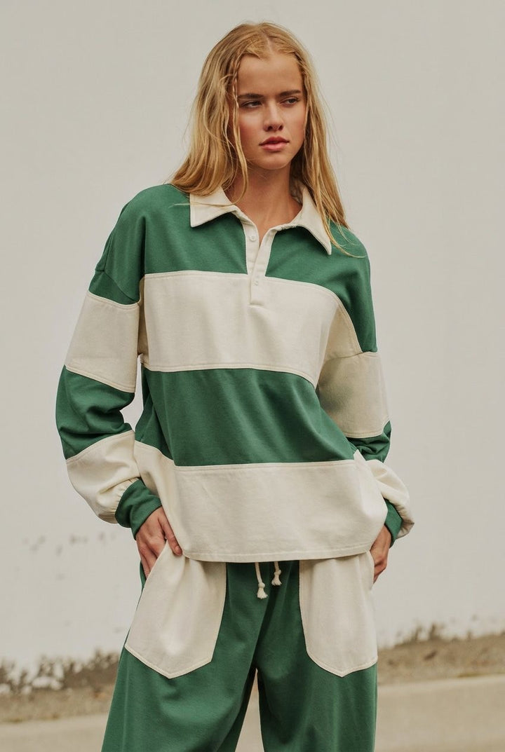 Color Block Rugby Shirt Long Sleeve Polo Pullover Preppy Bac in Green - Women's Wholesale Shorts | Trend Notes