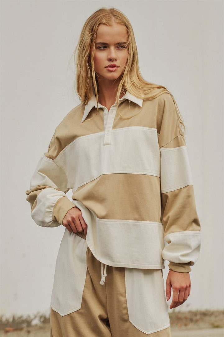 Color Block Rugby Shirt Long Sleeve Polo Pullover Preppy Bac in Ivory Taupe - Women's Wholesale Shorts | Trend Notes