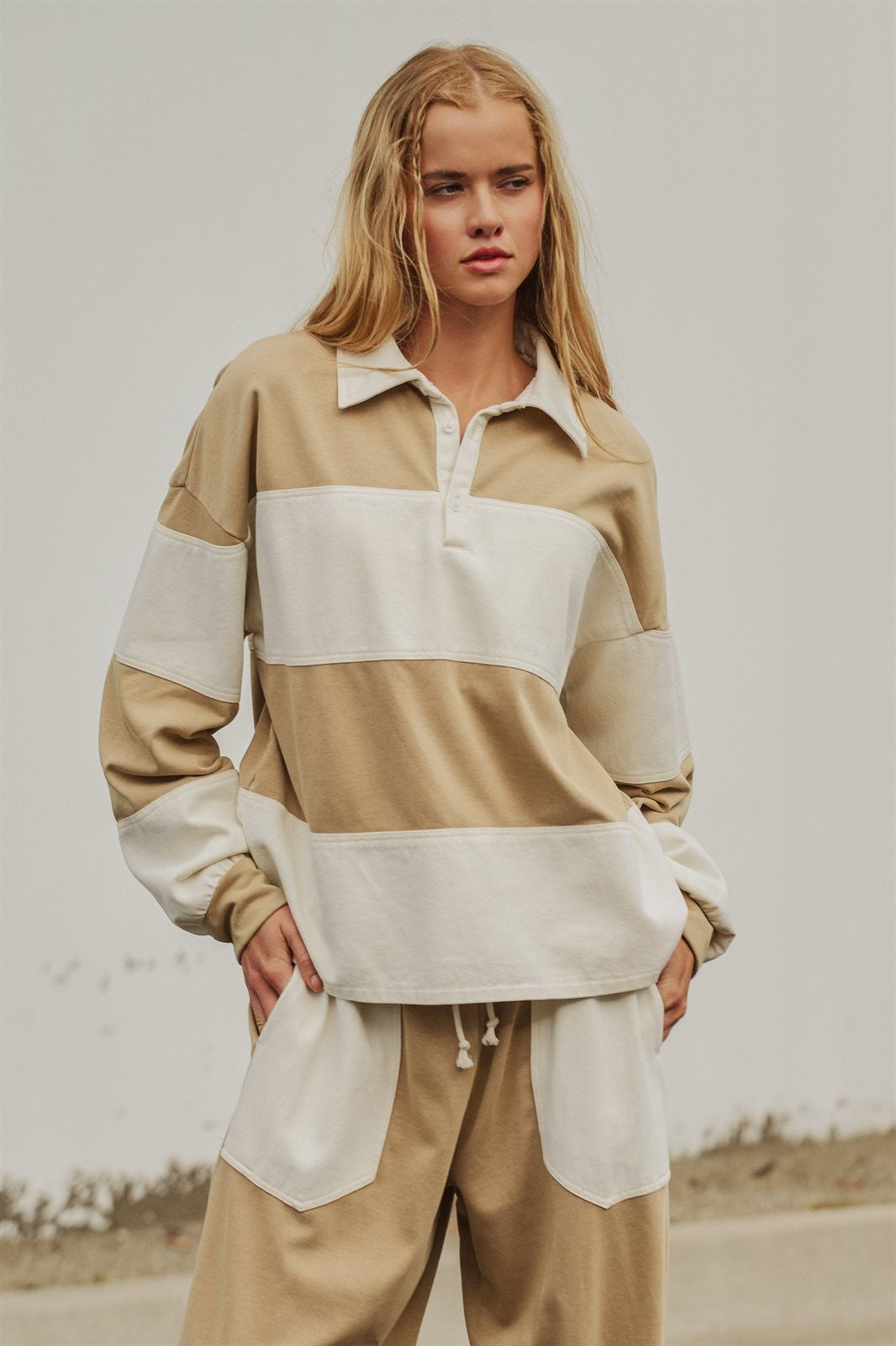 Color Block Rugby Shirt Long Sleeve Polo Pullover Preppy Bac in Ivory Taupe - Women's Wholesale Shorts | Trend Notes