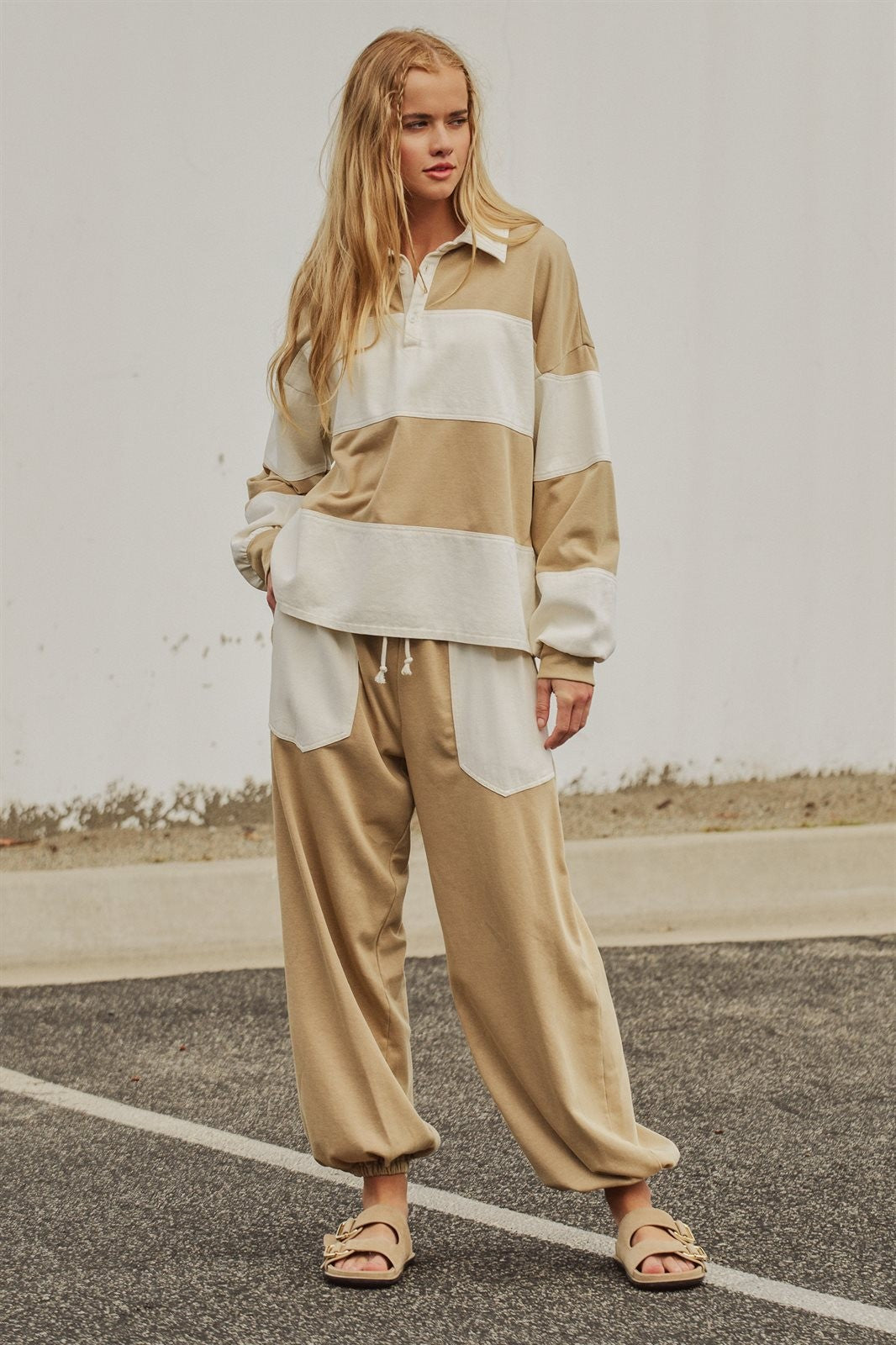 Color Block Rugby Shirt Long Sleeve Polo Pullover Preppy Bac in Ivory Taupe - Women's Wholesale Shorts | Trend Notes