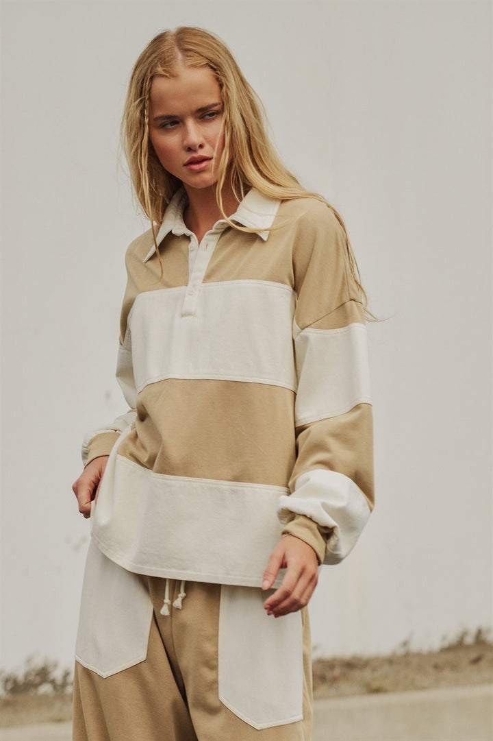Color Block Rugby Shirt Long Sleeve Polo Pullover Preppy Bac in Ivory Taupe - Women's Wholesale Shorts | Trend Notes