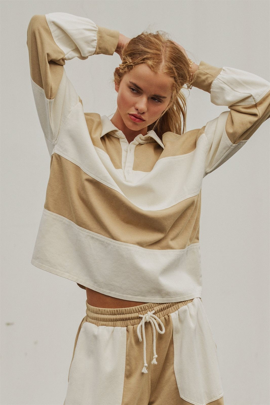 Color Block Rugby Shirt Long Sleeve Polo Pullover Preppy Bac in Ivory Taupe - Women's Wholesale Shorts | Trend Notes