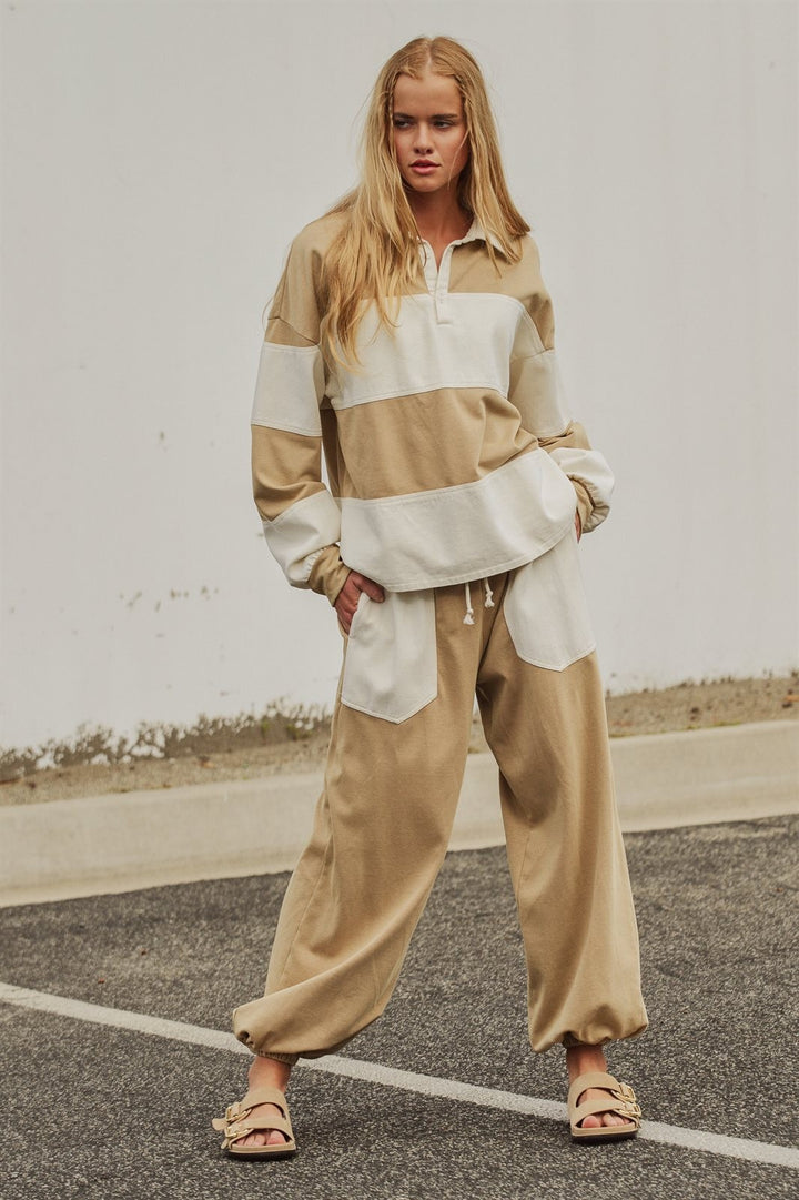 Color Block Rugby Shirt Long Sleeve Polo Pullover Preppy Bac in Ivory Taupe - Women's Wholesale Shorts | Trend Notes