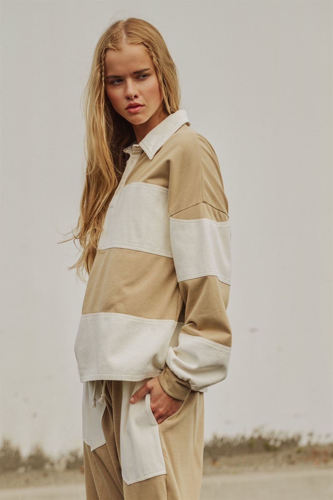 Color Block Rugby Shirt Long Sleeve Polo Pullover Preppy Bac in Ivory Taupe - Women's Wholesale Shorts | Trend Notes