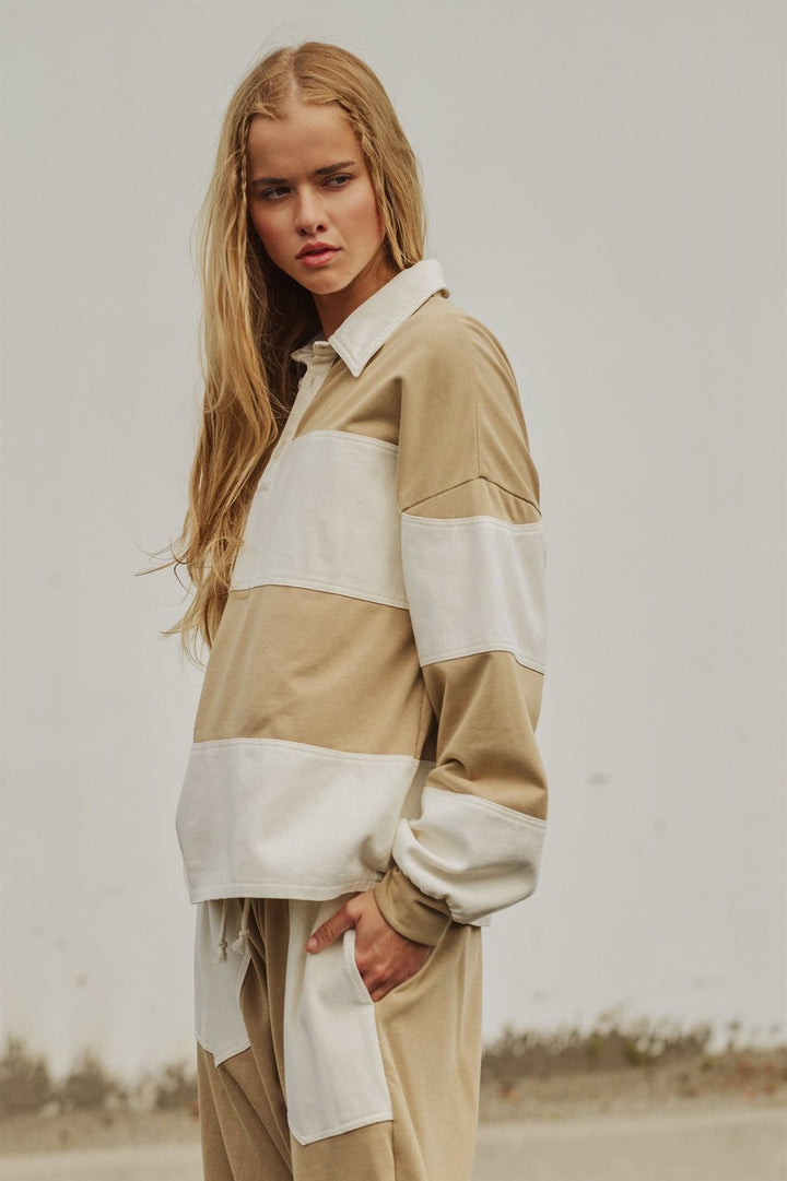 Color Block Rugby Shirt Long Sleeve Polo Pullover Preppy Bac in Ivory Taupe - Women's Wholesale Shorts | Trend Notes