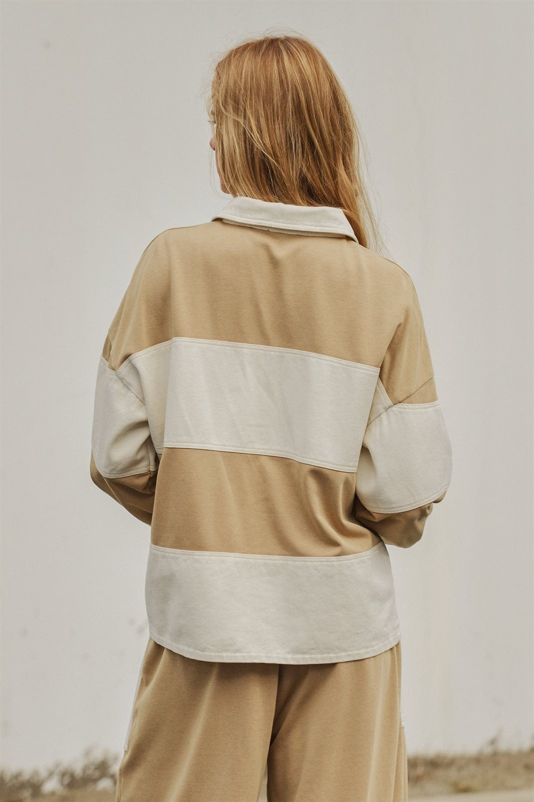 Color Block Rugby Shirt Long Sleeve Polo Pullover Preppy Bac in Ivory Taupe - Women's Wholesale Shorts | Trend Notes