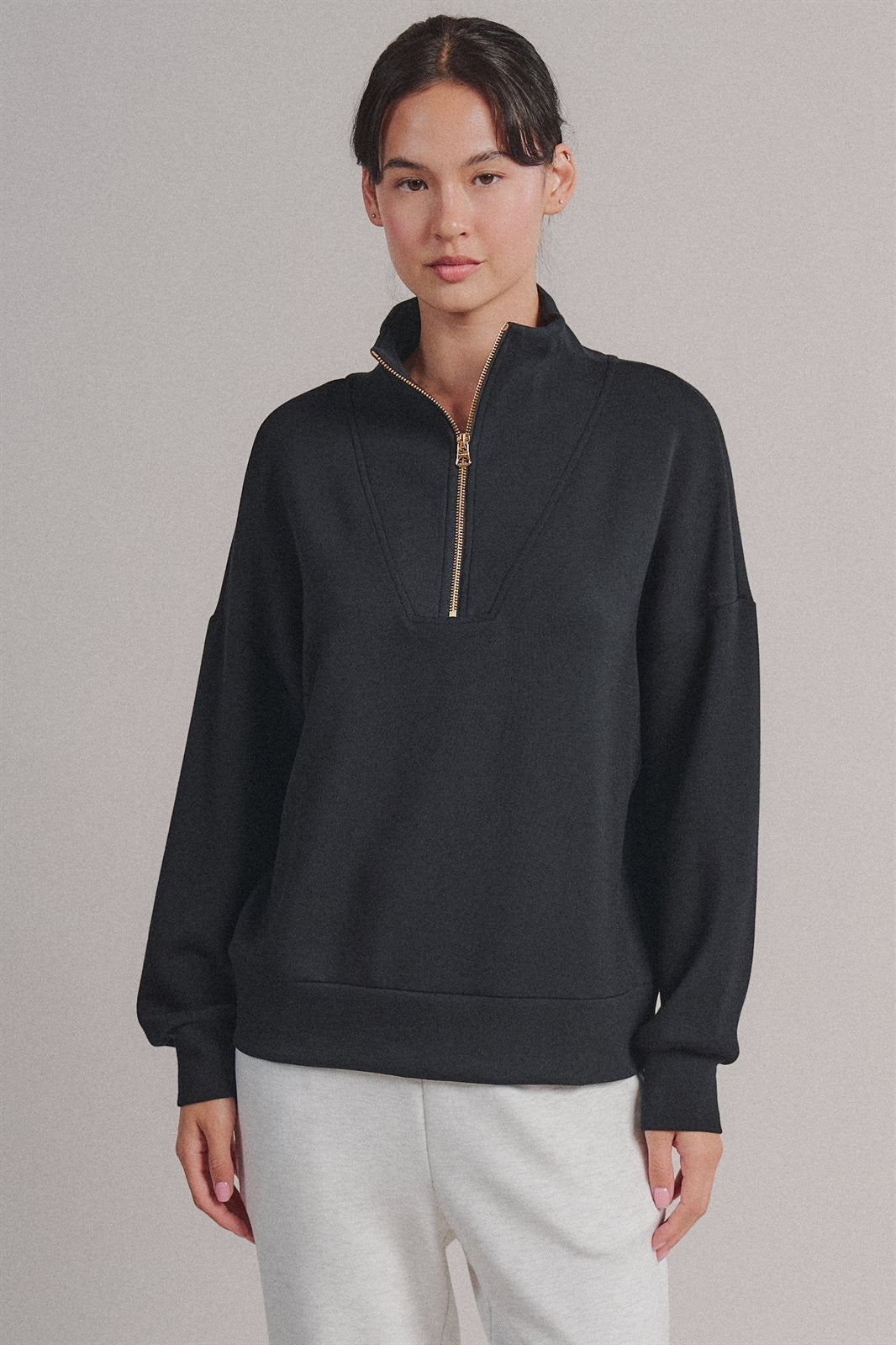 Scuba Half Zip Mock Neck Sweatshirt Athleisure Top for Women in Black - Women's Wholesale Shorts | Trend Notes