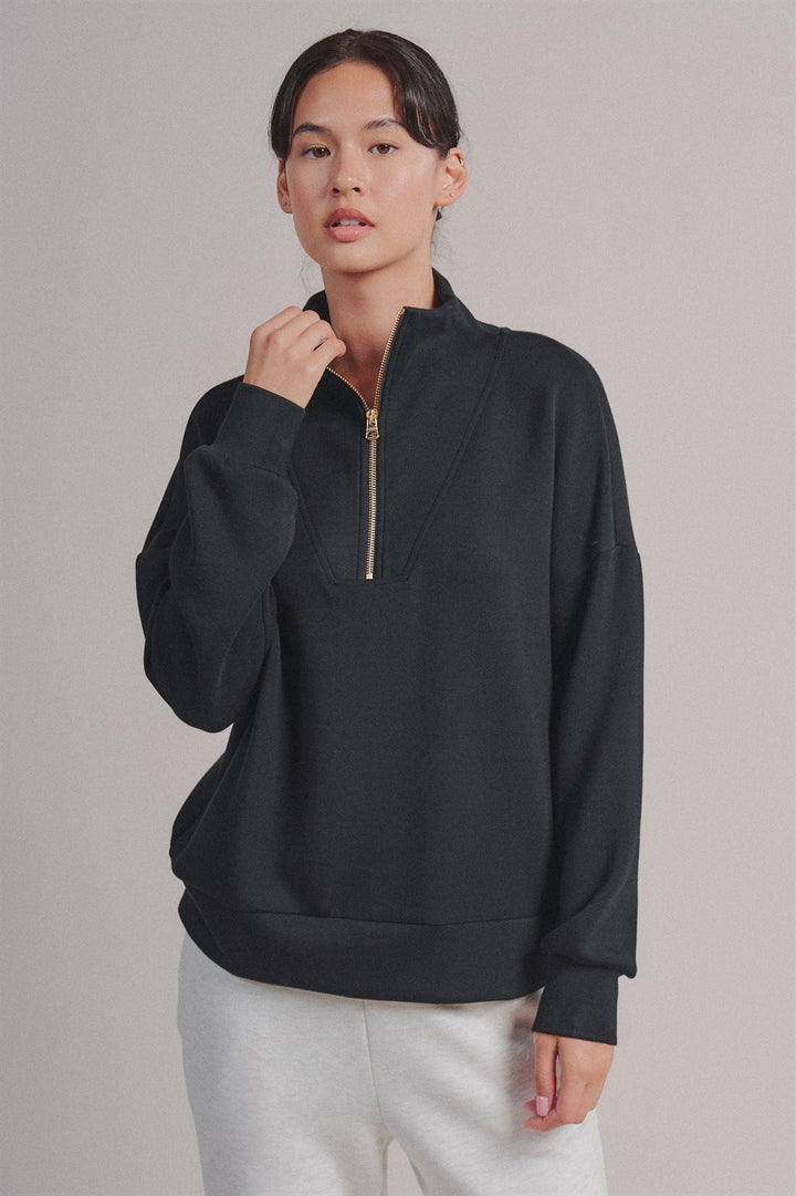 Scuba Half Zip Mock Neck Sweatshirt Athleisure Top for Women in Black - Women's Wholesale Shorts | Trend Notes