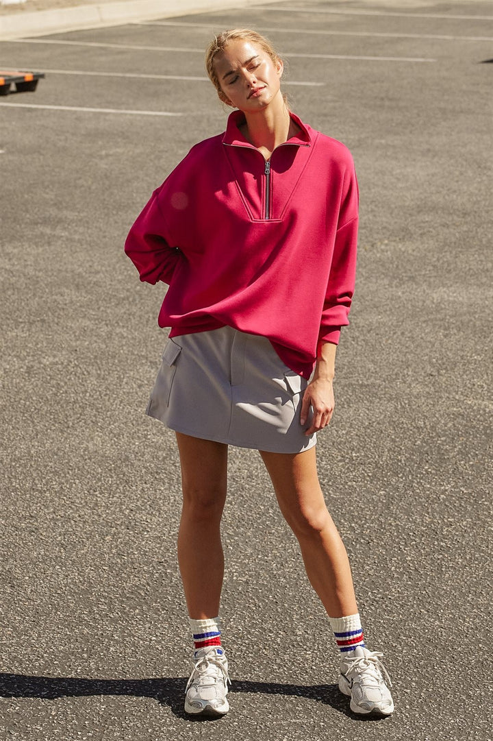Scuba Half Zip Mock Neck Sweatshirt Athleisure Top for Women in Burgundy - Women's Wholesale Shorts | Trend Notes