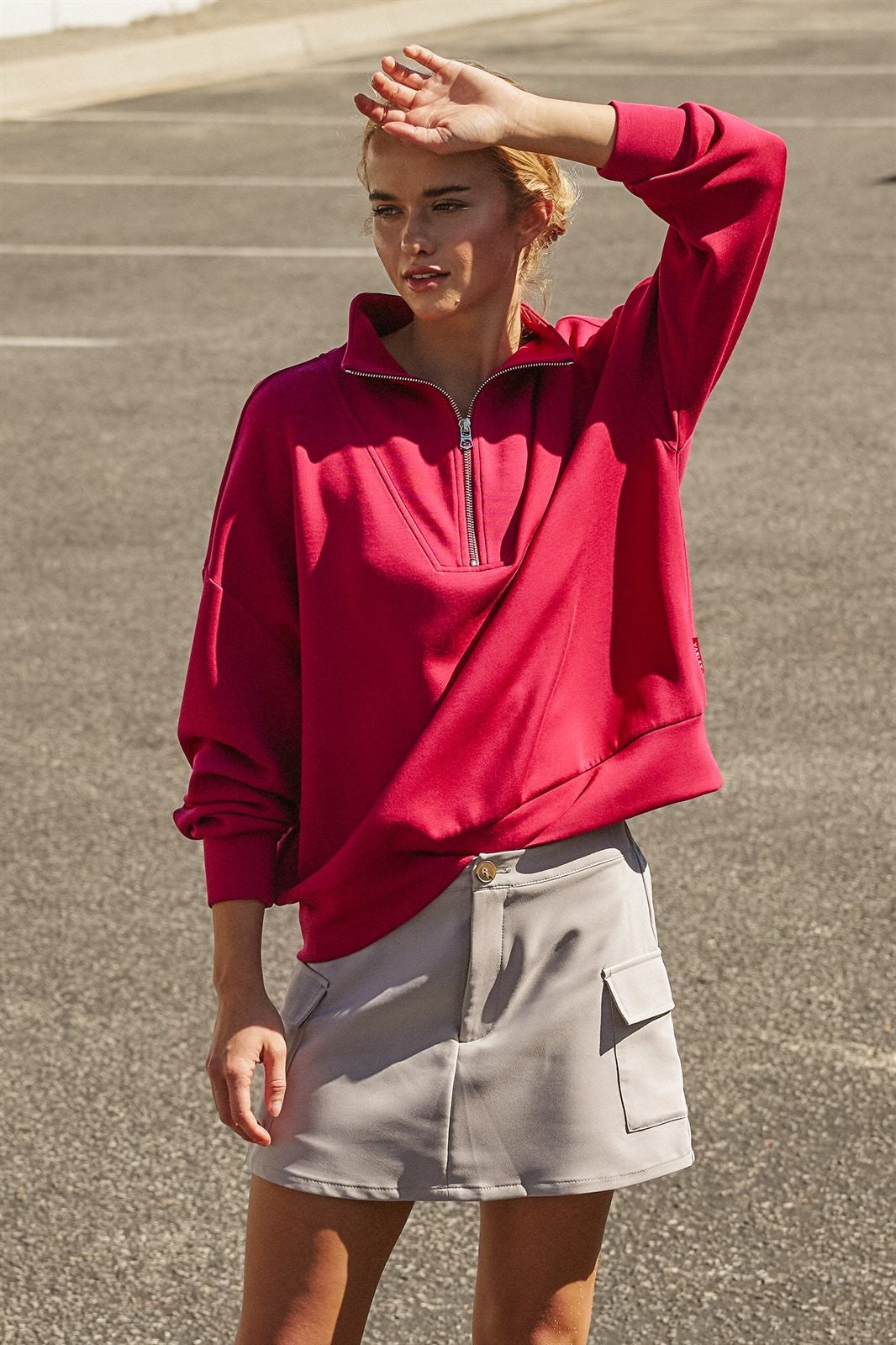 Scuba Half Zip Mock Neck Sweatshirt Athleisure Top for Women in Burgundy - Women's Wholesale Shorts | Trend Notes