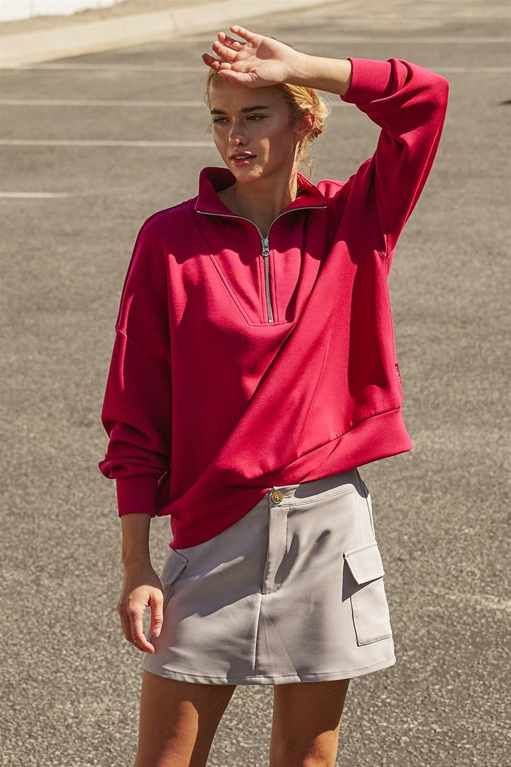 Scuba Half Zip Mock Neck Sweatshirt Athleisure Top for Women in Burgundy - Women's Wholesale Shorts | Trend Notes
