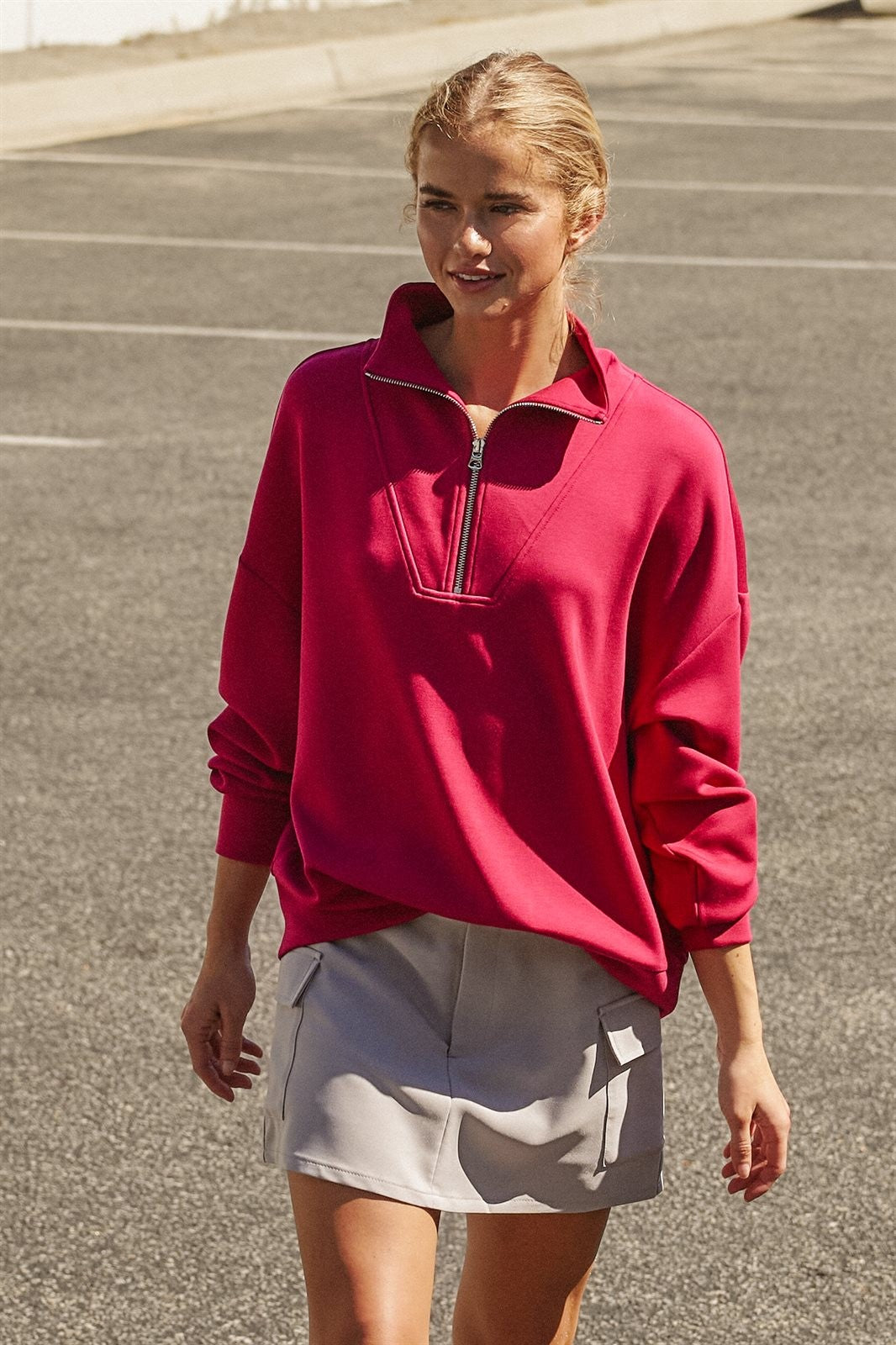 Scuba Half Zip Mock Neck Sweatshirt Athleisure Top for Women in Burgundy - Women's Wholesale Shorts | Trend Notes
