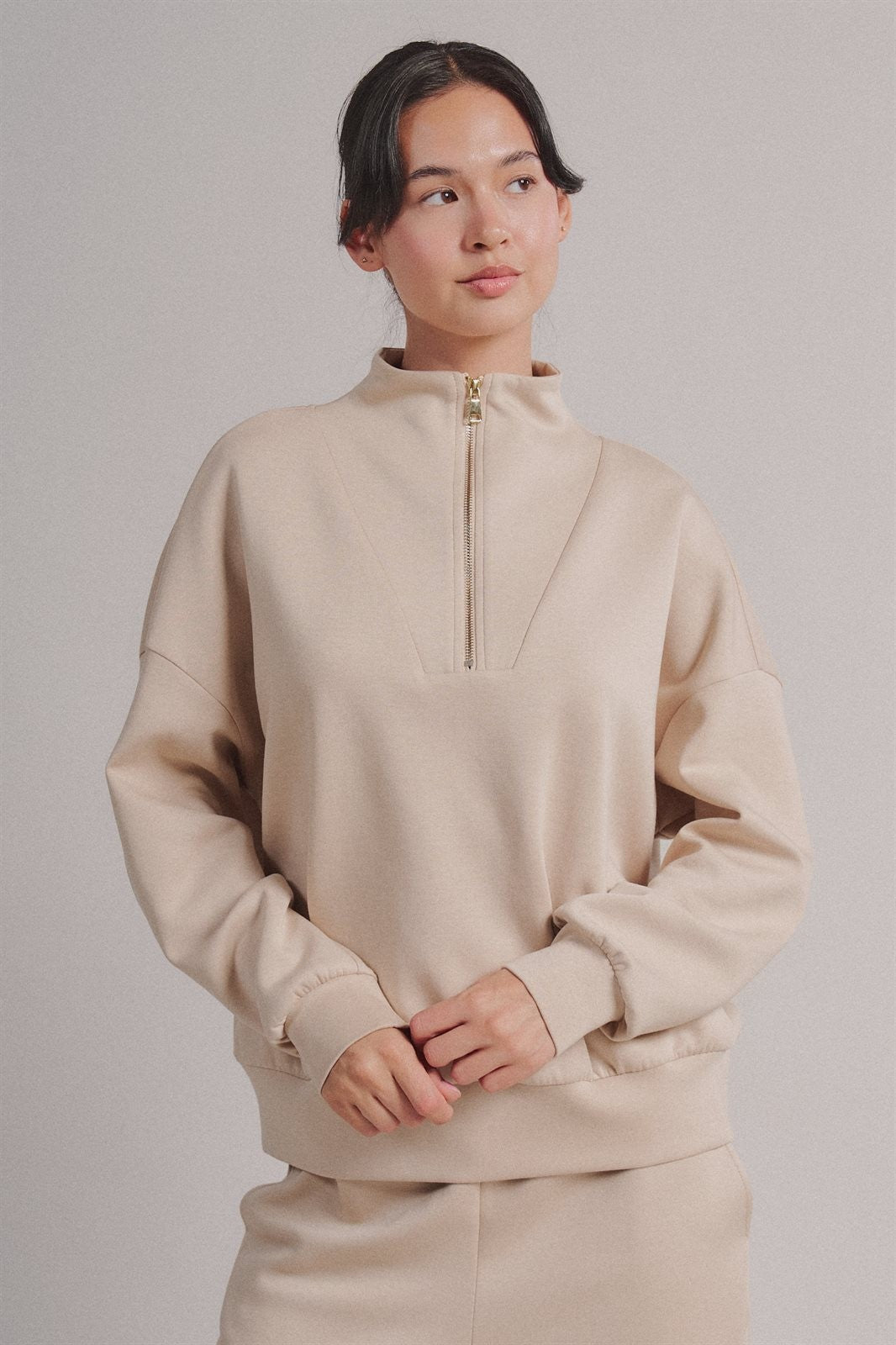 Scuba Half Zip Mock Neck Sweatshirt Athleisure Top for Women in Sand - Women's Wholesale Shorts | Trend Notes
