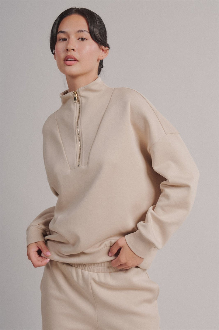 Scuba Half Zip Mock Neck Sweatshirt Athleisure Top for Women in Sand - Women's Wholesale Shorts | Trend Notes
