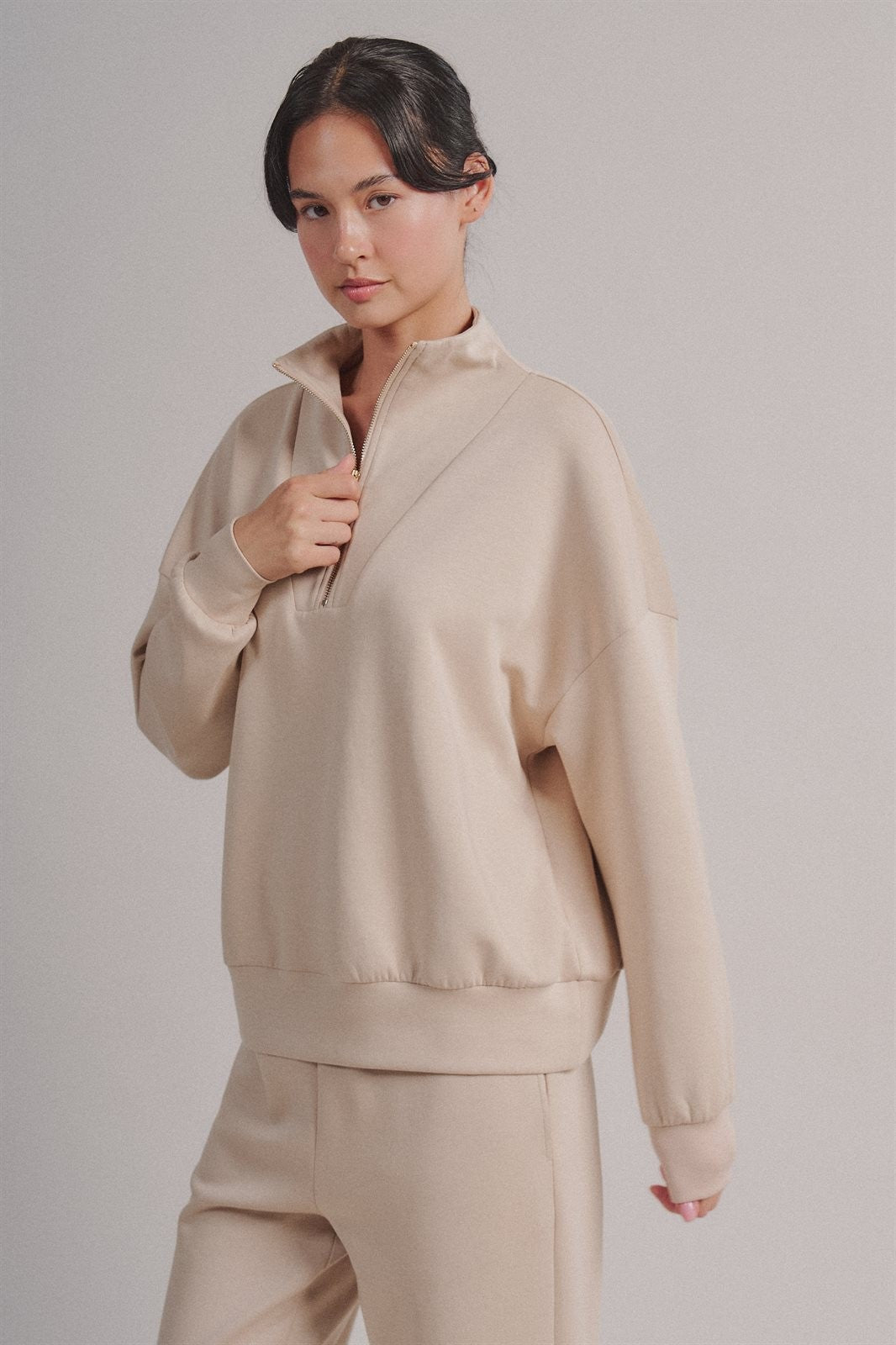 Scuba Half Zip Mock Neck Sweatshirt Athleisure Top for Women in Sand - Women's Wholesale Shorts | Trend Notes