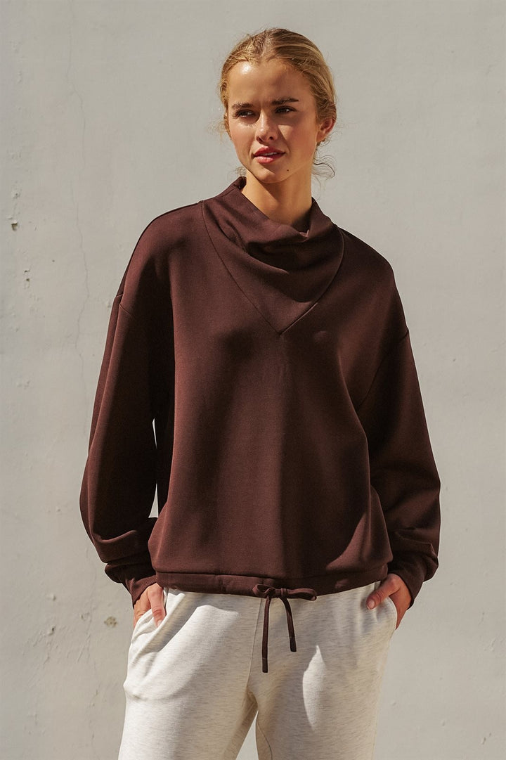 Scuba Cowl Mock Neck Sweatshirt Pilates Athflow Top for Wome in Chocolate Brown - Women's Wholesale Shorts | Trend Notes