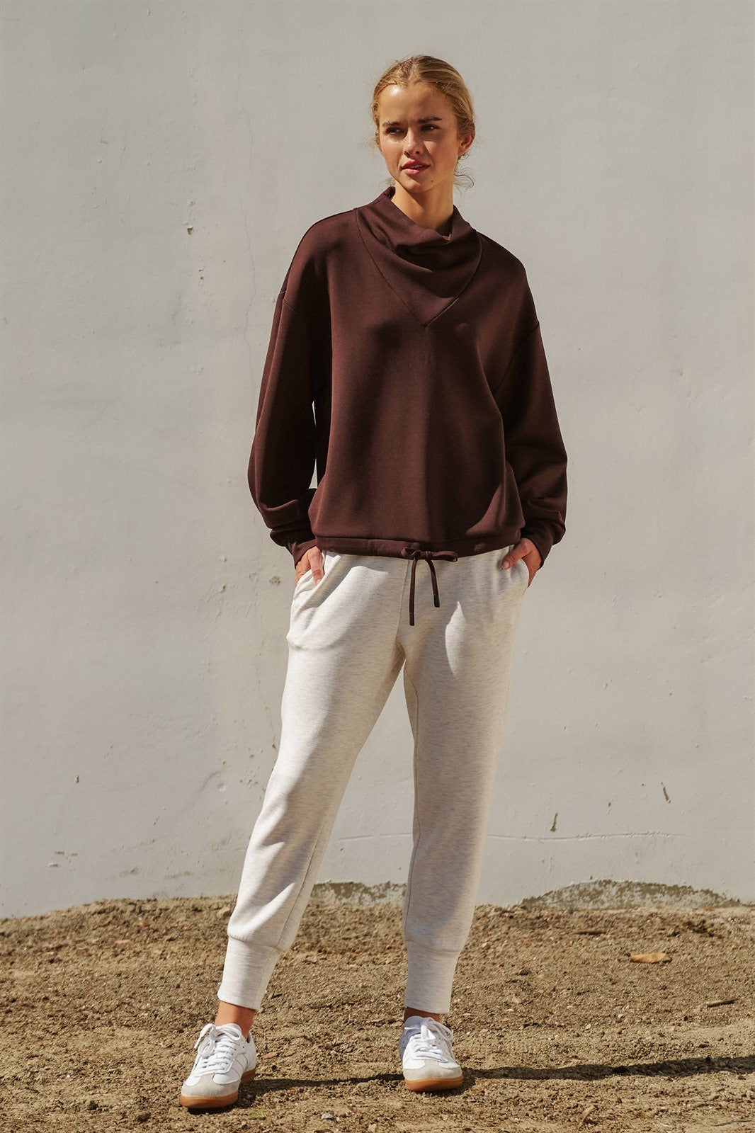 Scuba Cowl Mock Neck Sweatshirt Pilates Athflow Top for Wome in Chocolate Brown - Women's Wholesale Shorts | Trend Notes