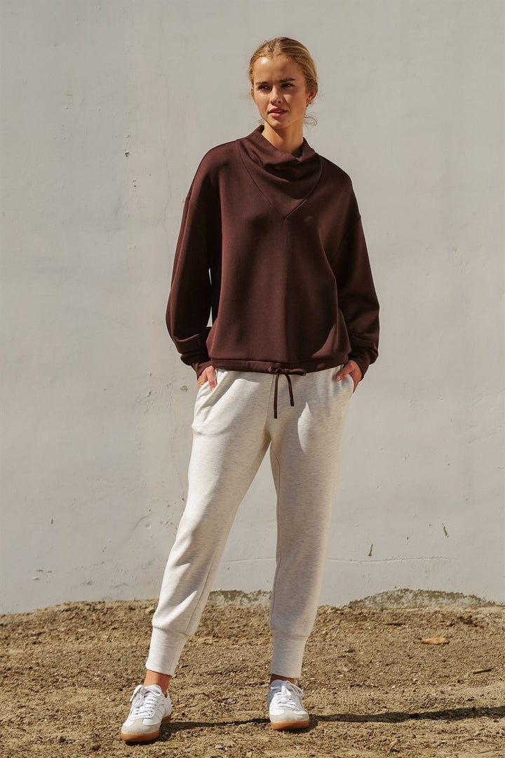 Scuba Cowl Mock Neck Sweatshirt Pilates Athflow Top for Wome in Chocolate Brown - Women's Wholesale Shorts | Trend Notes
