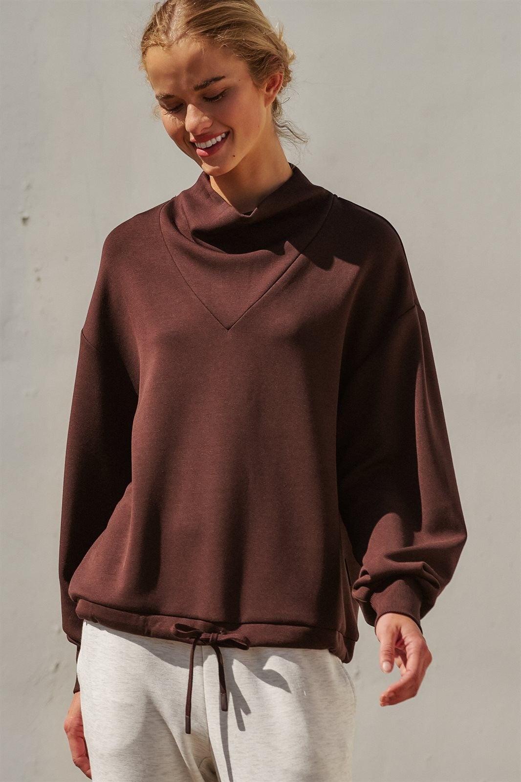 Scuba Cowl Mock Neck Sweatshirt Pilates Athflow Top for Wome in Chocolate Brown - Women's Wholesale Shorts | Trend Notes