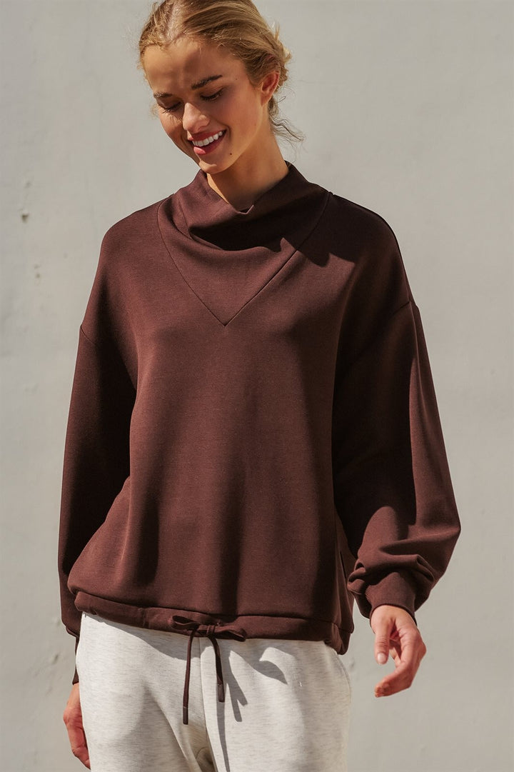 Scuba Cowl Mock Neck Sweatshirt Pilates Athflow Top for Wome in Chocolate Brown - Women's Wholesale Shorts | Trend Notes