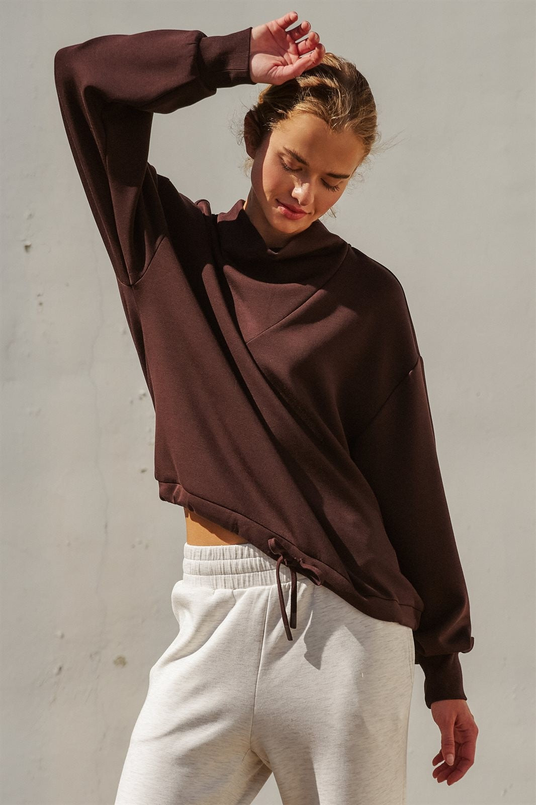 Scuba Cowl Mock Neck Sweatshirt Pilates Athflow Top for Wome in Chocolate Brown - Women's Wholesale Shorts | Trend Notes