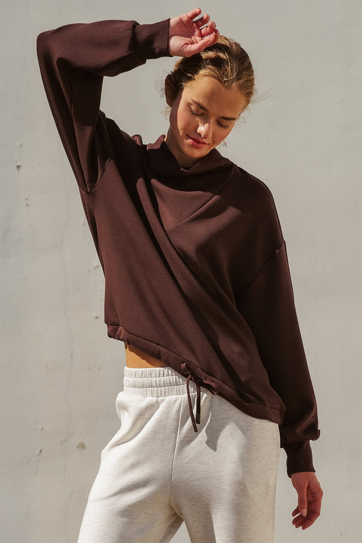Scuba Cowl Mock Neck Sweatshirt Pilates Athflow Top for Wome in Chocolate Brown - Women's Wholesale Shorts | Trend Notes