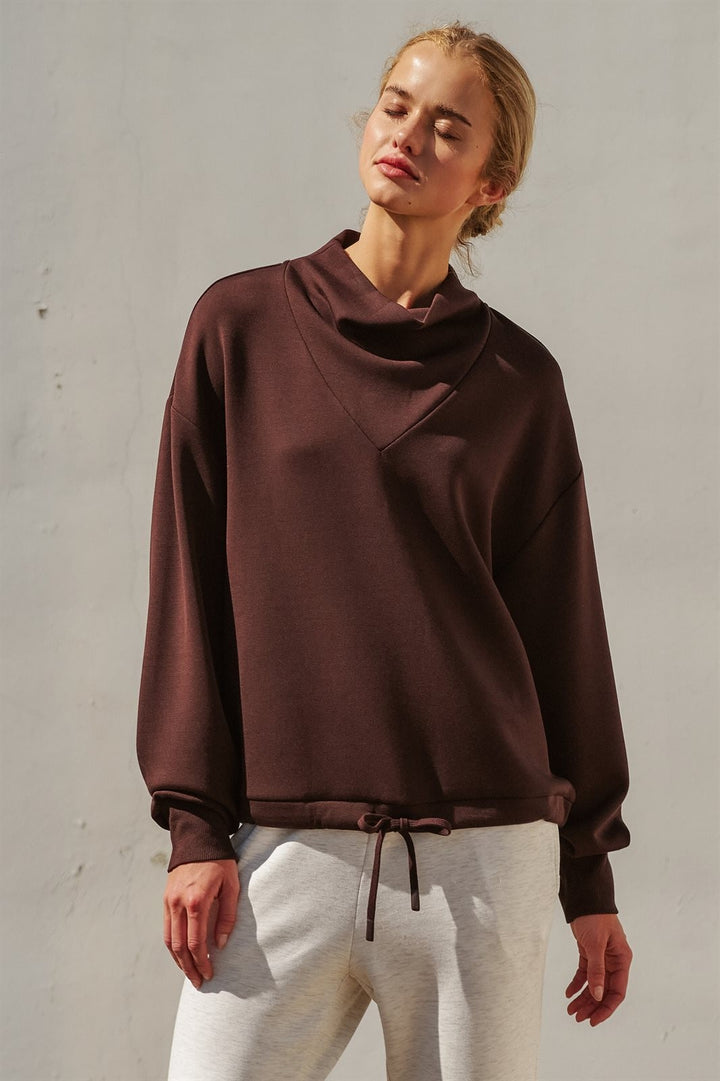 Scuba Cowl Mock Neck Sweatshirt Pilates Athflow Top for Wome in Chocolate Brown - Women's Wholesale Shorts | Trend Notes