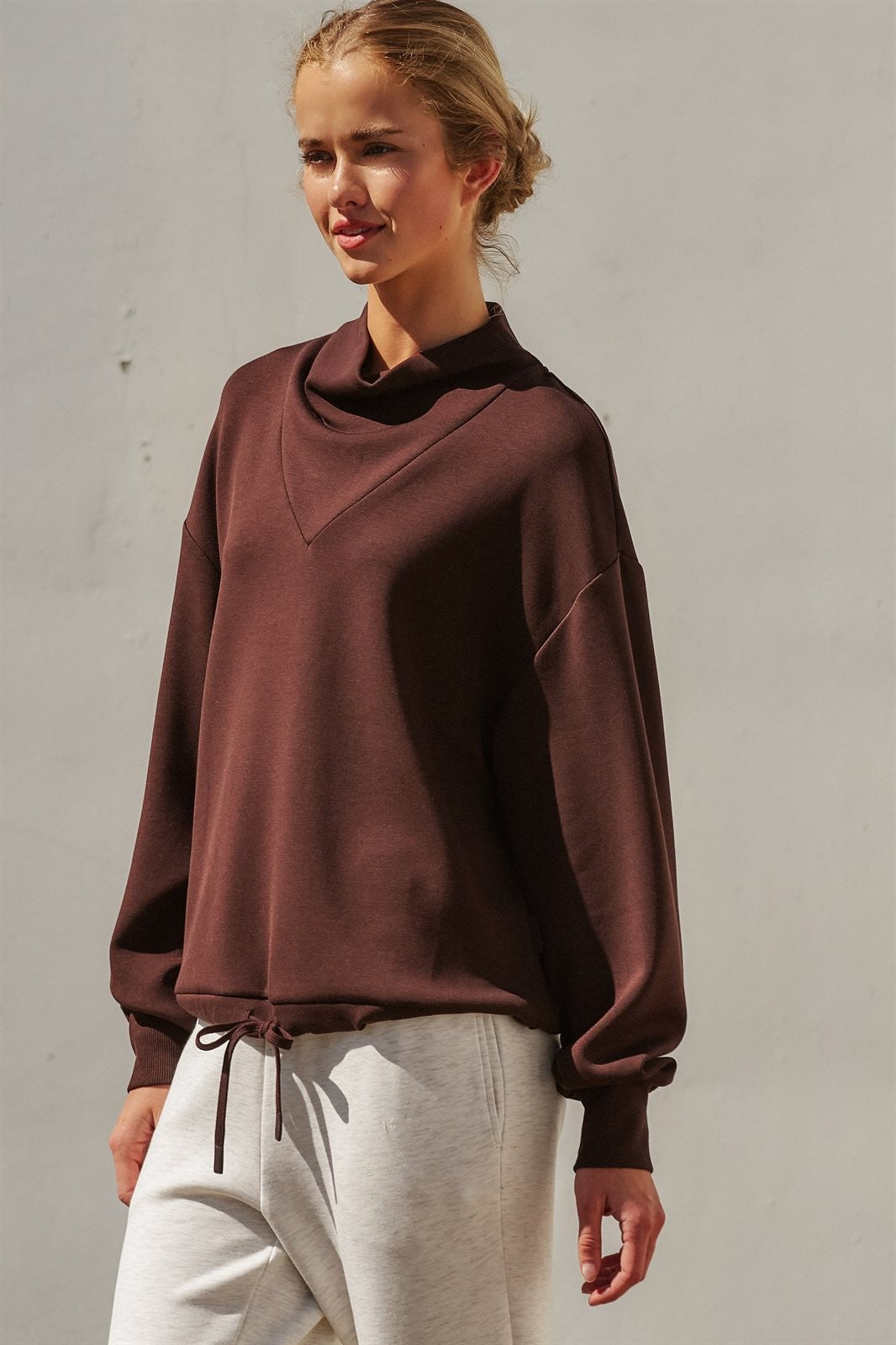 Scuba Cowl Mock Neck Sweatshirt Pilates Athflow Top for Wome in Chocolate Brown - Women's Wholesale Shorts | Trend Notes