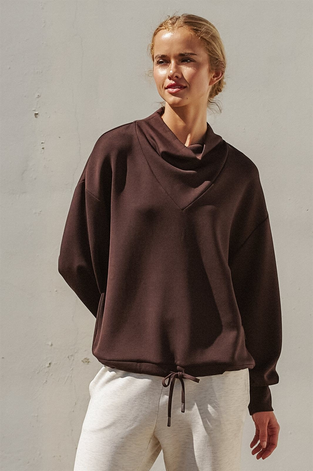 Scuba Cowl Mock Neck Sweatshirt Pilates Athflow Top for Wome in Chocolate Brown - Women's Wholesale Shorts | Trend Notes