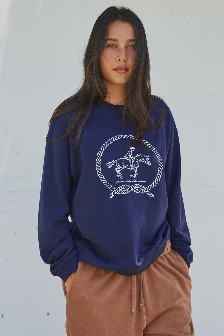 Equestrian Embroidered Rope Graphic Crewneck Sweatshirt in Navy - Women's Wholesale Shorts | Trend Notes