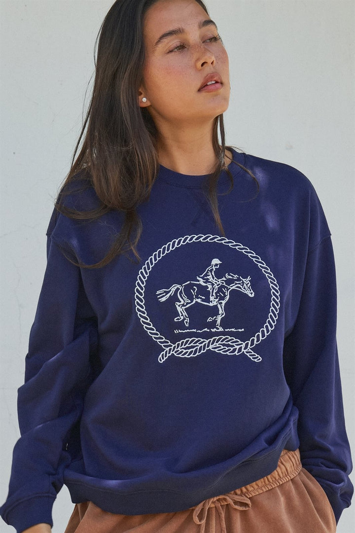 Equestrian Embroidered Rope Graphic Crewneck Sweatshirt in Navy - Women's Wholesale Shorts | Trend Notes