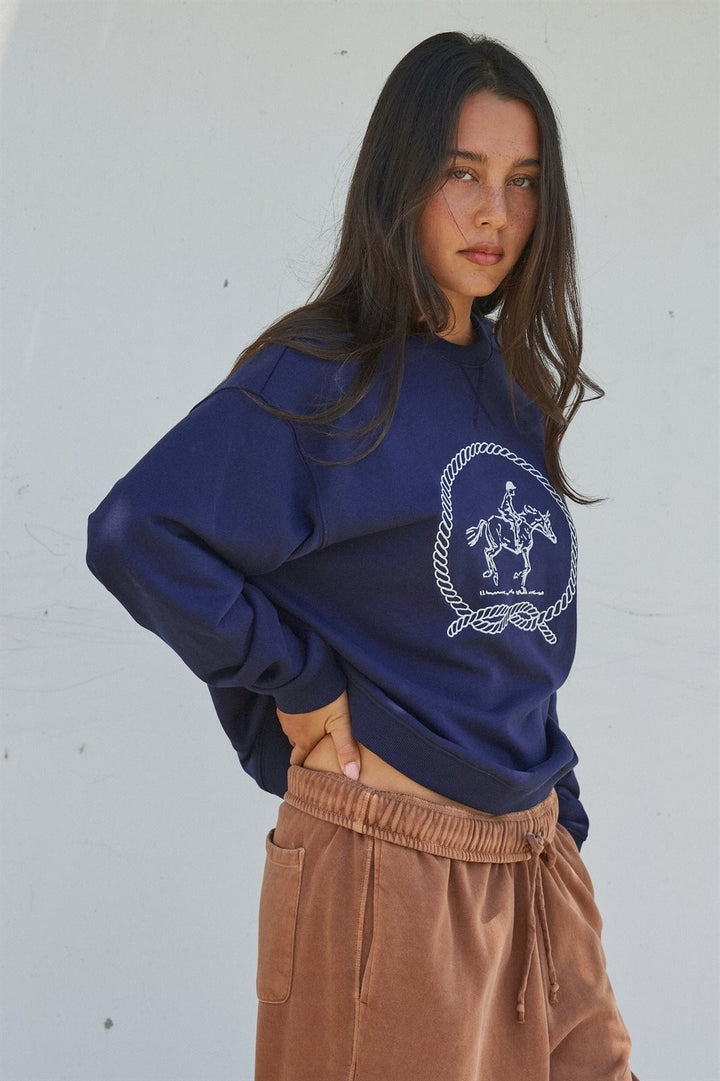 Equestrian Embroidered Rope Graphic Crewneck Sweatshirt in Navy - Women's Wholesale Shorts | Trend Notes