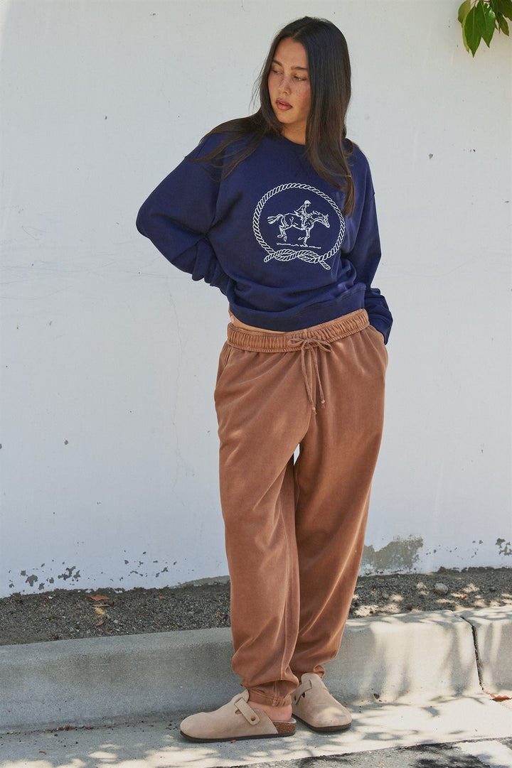 Equestrian Embroidered Rope Graphic Crewneck Sweatshirt in Navy - Women's Wholesale Shorts | Trend Notes
