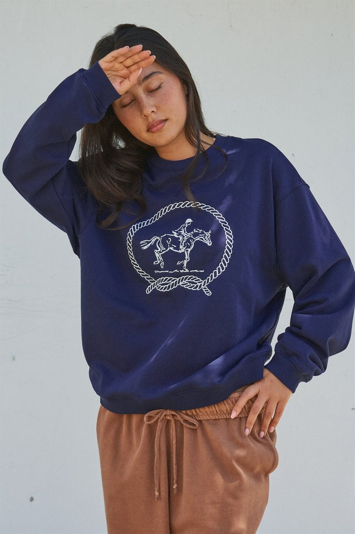 Equestrian Embroidered Rope Graphic Crewneck Sweatshirt in Navy - Women's Wholesale Shorts | Trend Notes