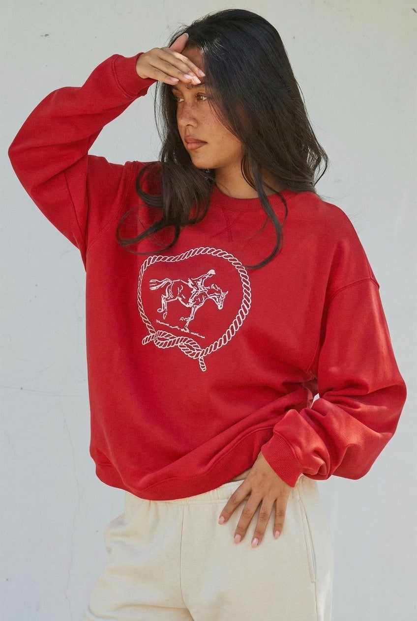 Equestrian Embroidered Rope Graphic Crewneck Sweatshirt in Red - Women's Wholesale Shorts | Trend Notes