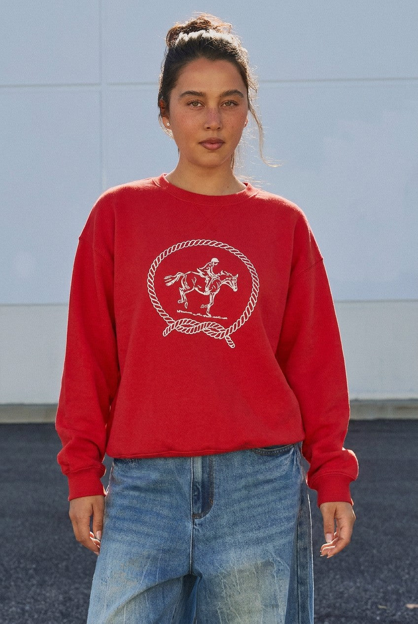 Equestrian Embroidered Rope Graphic Crewneck Sweatshirt in Red - Women's Wholesale Shorts | Trend Notes