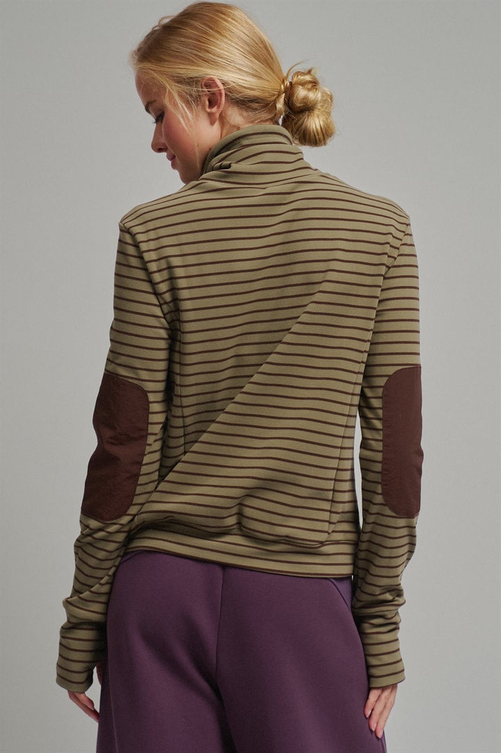 Striped Thermal Cowl Neck Pullover in Olive - Women's Wholesale Sweatshirts & Hoodies | Trend Notes