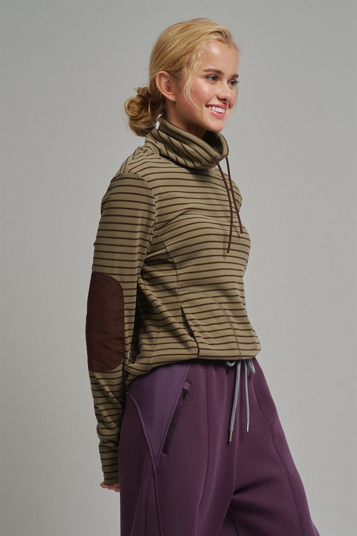 Striped Thermal Cowl Neck Pullover in Olive - Women's Wholesale Sweatshirts & Hoodies | Trend Notes