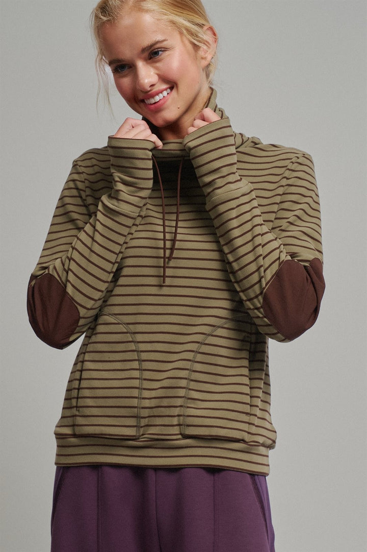 Striped Thermal Cowl Neck Pullover in Olive - Women's Wholesale Sweatshirts & Hoodies | Trend Notes