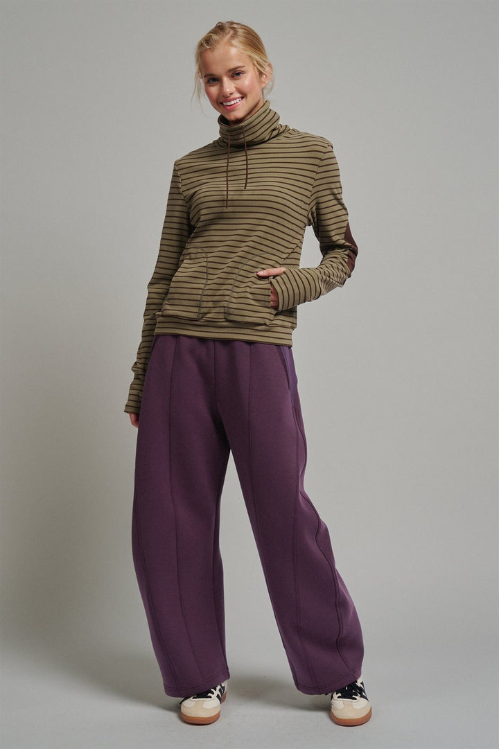 Striped Thermal Cowl Neck Pullover in Olive - Women's Wholesale Sweatshirts & Hoodies | Trend Notes