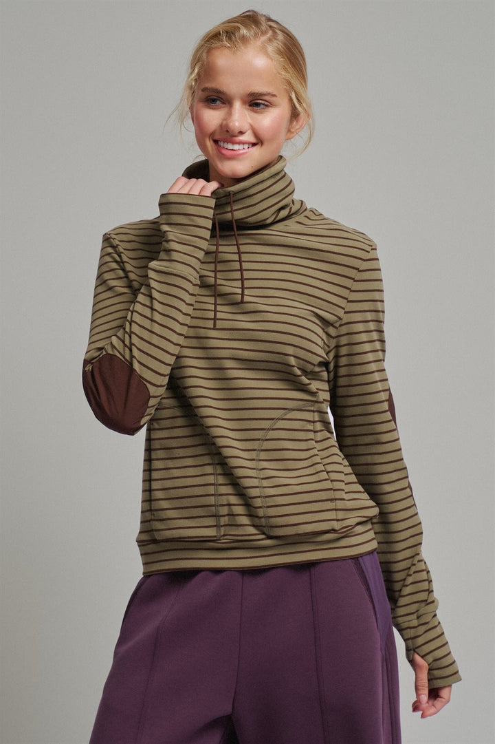 Striped Thermal Cowl Neck Pullover in Olive - Women's Wholesale Sweatshirts & Hoodies | Trend Notes