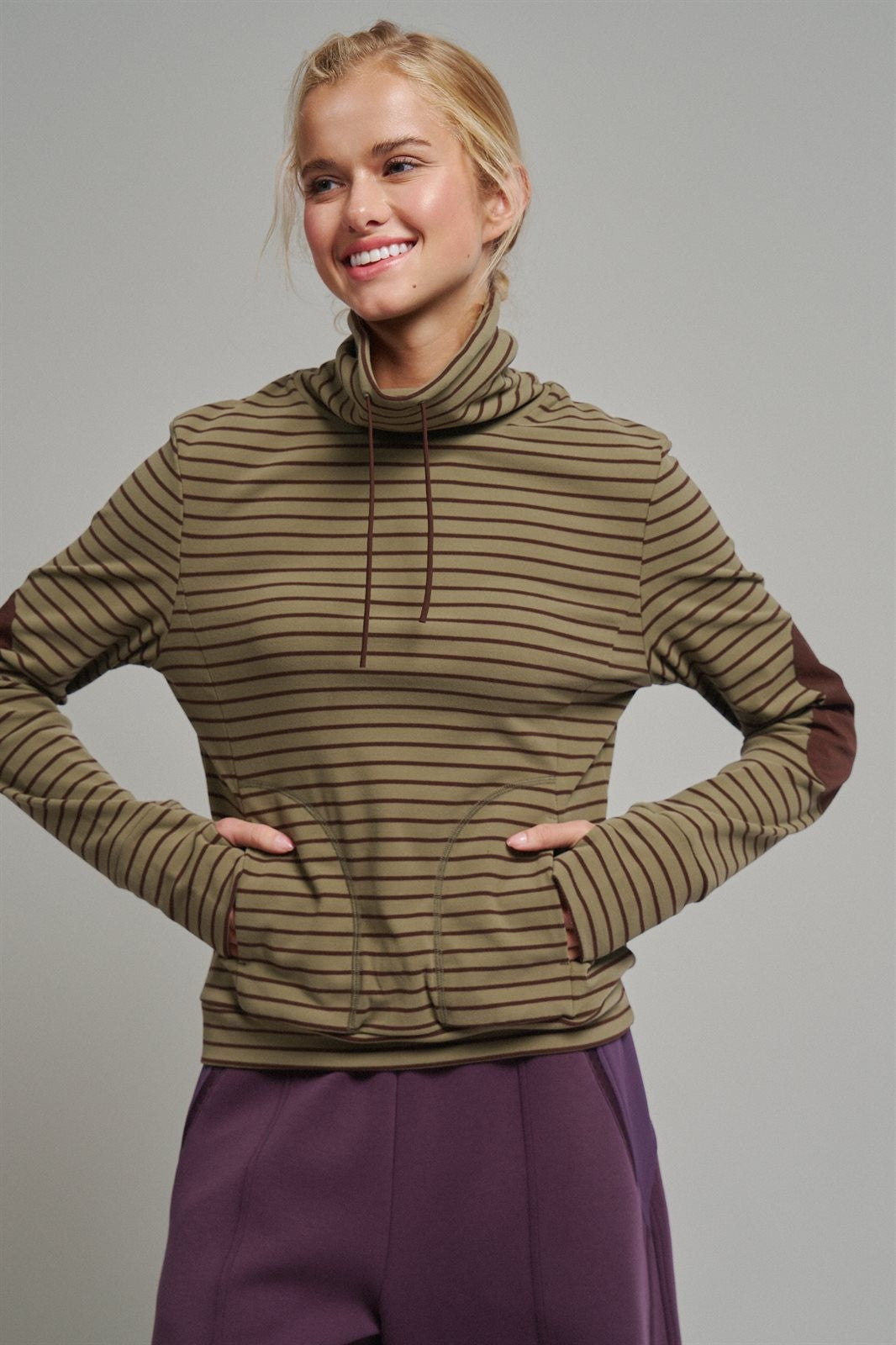 Striped Thermal Cowl Neck Pullover in Olive - Women's Wholesale Sweatshirts & Hoodies | Trend Notes