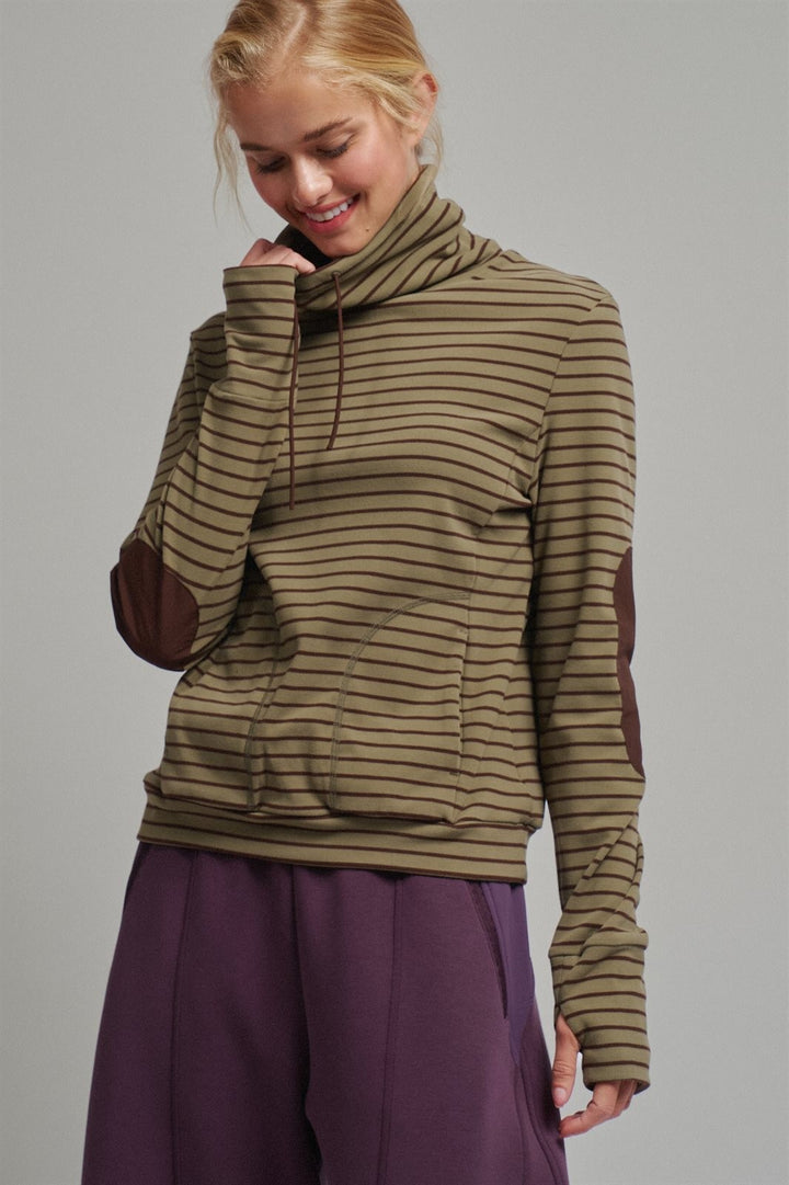 Striped Thermal Cowl Neck Pullover in Olive - Women's Wholesale Sweatshirts & Hoodies | Trend Notes