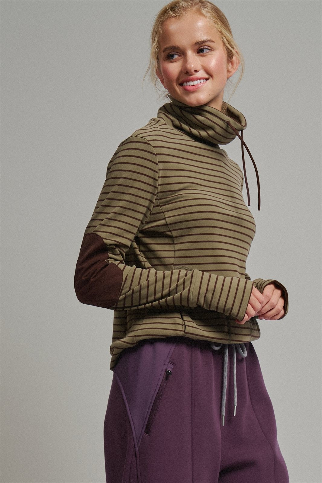 Striped Thermal Cowl Neck Pullover in Olive - Women's Wholesale Sweatshirts & Hoodies | Trend Notes