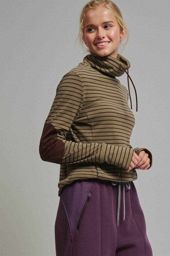 Striped Thermal Cowl Neck Pullover in Olive - Women's Wholesale Sweatshirts & Hoodies | Trend Notes