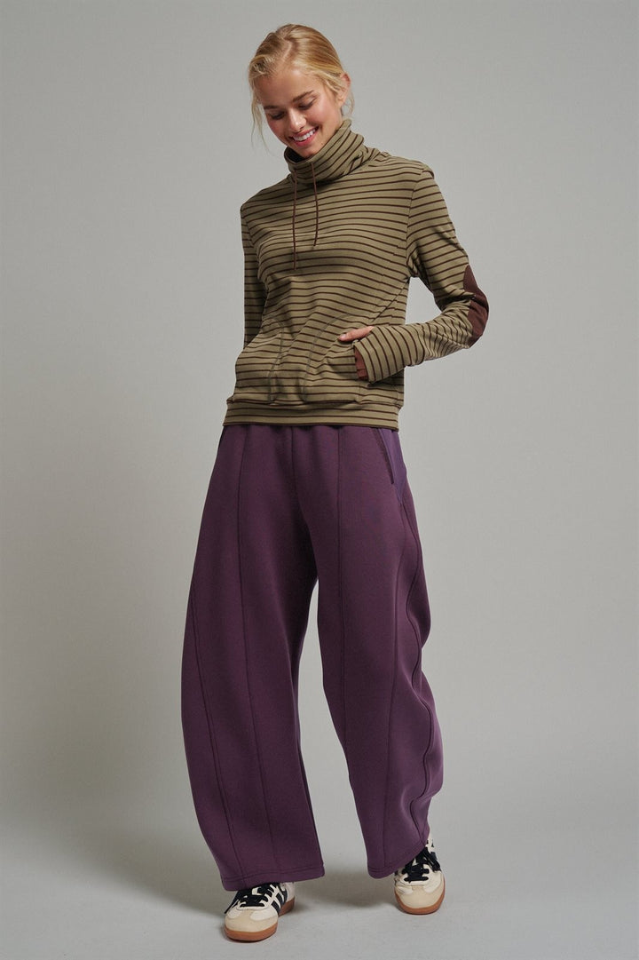 Striped Thermal Cowl Neck Pullover in Olive - Women's Wholesale Sweatshirts & Hoodies | Trend Notes