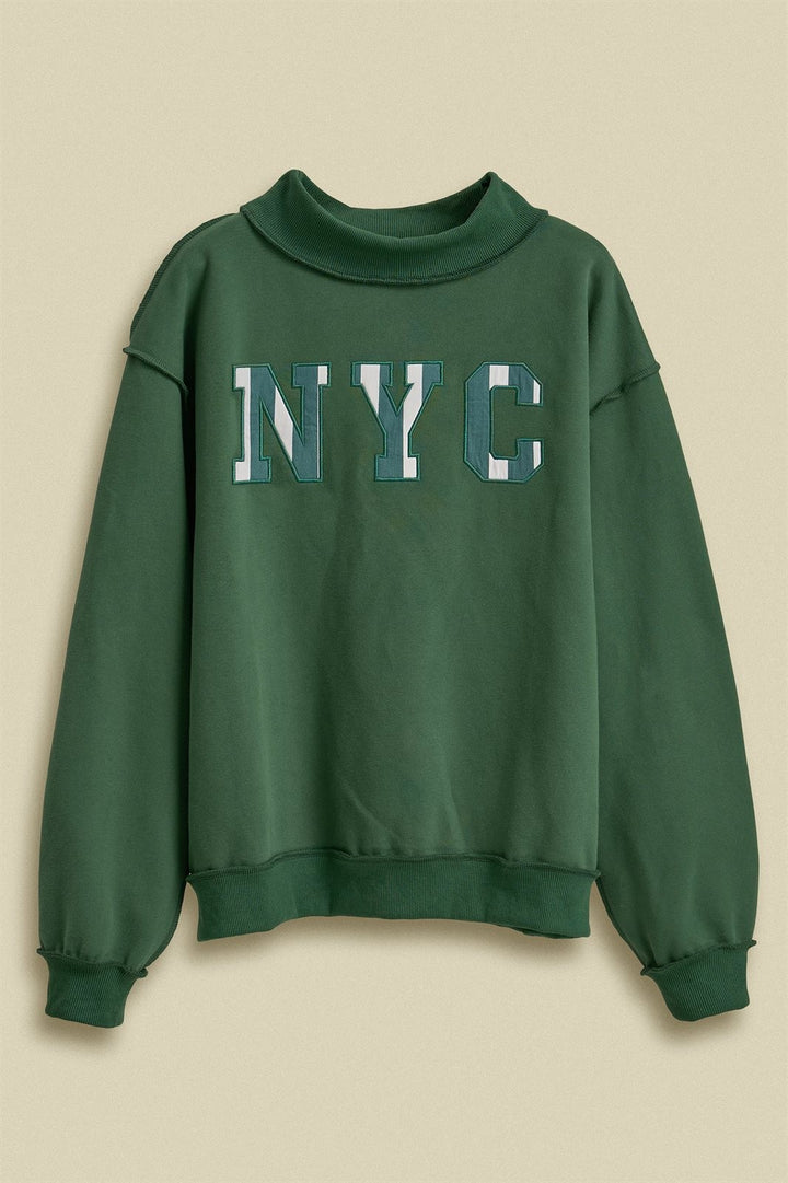 NYC Varsity Patch Mock Neck Sweatshirt with Exposed Seams in Green - Women's Wholesale Shorts | Trend Notes