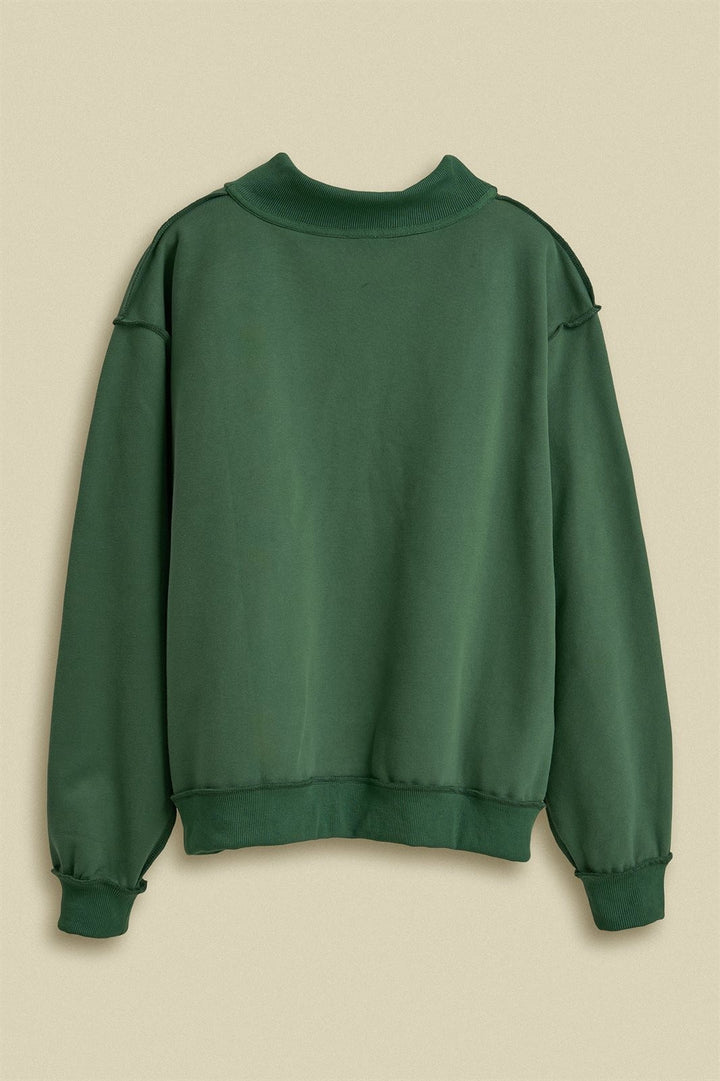 NYC Varsity Patch Mock Neck Sweatshirt with Exposed Seams in Green - Women's Wholesale Shorts | Trend Notes