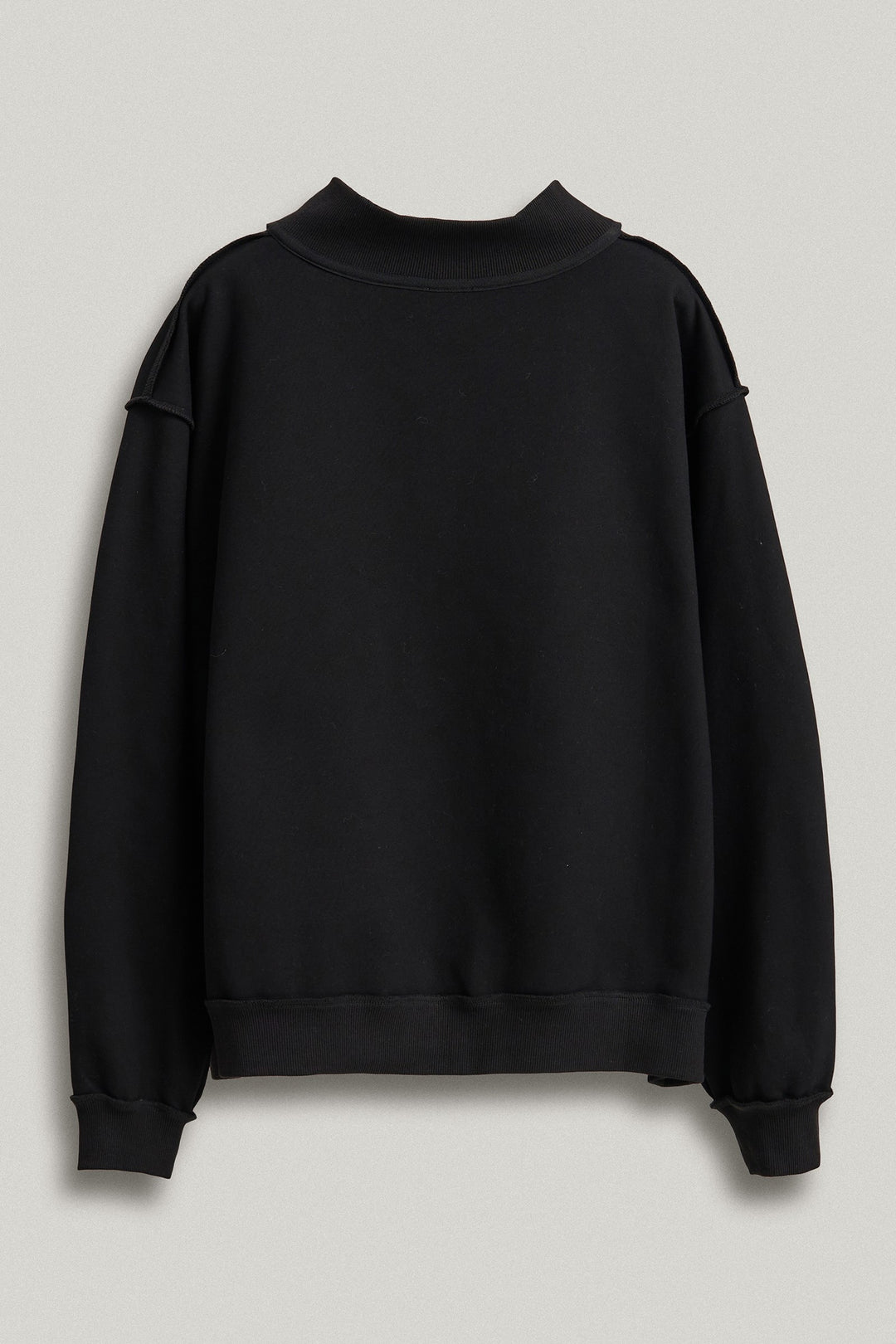 LOVED Varsity Patch Mock Neck Sweatshirt with Exposed Seams in Black - Women's Wholesale Shorts | Trend Notes