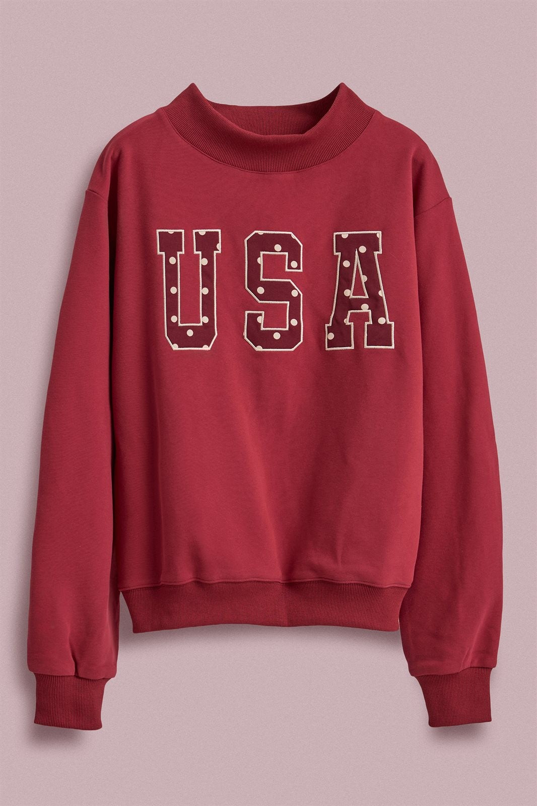 USA Polka Dot Varsity Letter Mock Neck Sweatshirt in Burgundy - Women's Wholesale Shorts | Trend Notes